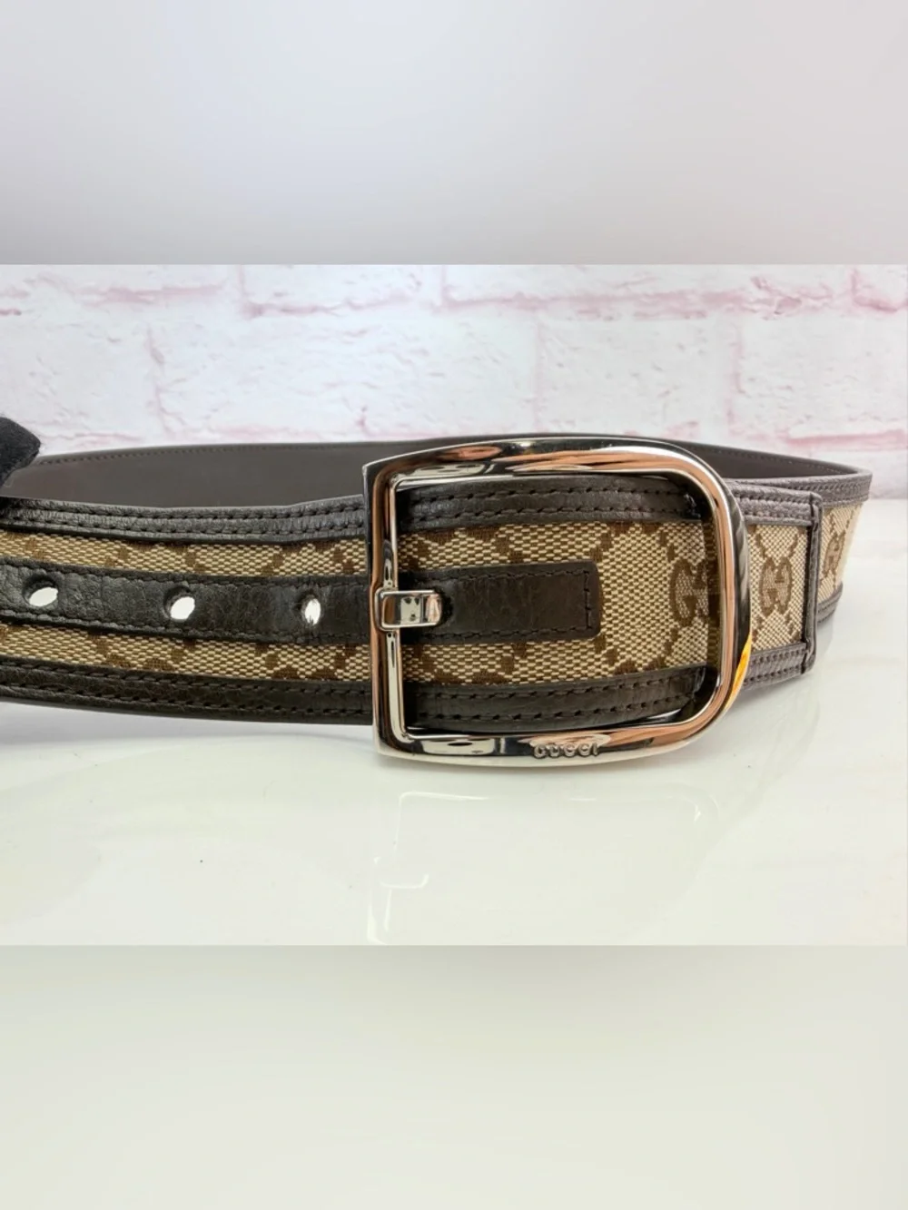 Gucci Mens Beige/Brown GG Canvas Belt with Silver Buckle 75/30